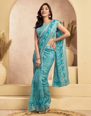 sky blue lilen print 1 minute ready to wear saree with unstitched blouse piece 2