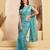 sky blue lilen print work designer party wear festive 1 minute ready to wear saree with unstitched blouse piece