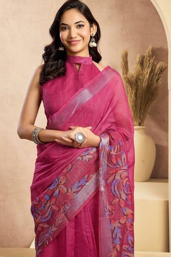 rani pink lilen print work designer party wear festive 1 minute ready to wear saree with unstitched blouse piece
