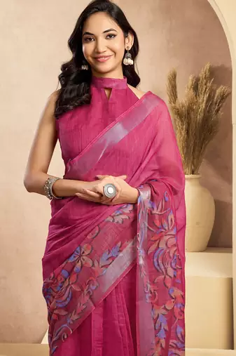 rani pink lilen print 1 minute ready to wear saree with unstitched blouse piece
