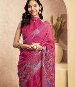 rani pink lilen print 1 minute ready to wear saree with unstitched blouse piece