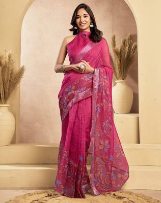 rani pink lilen print 1 minute ready to wear saree with unstitched blouse piece 2