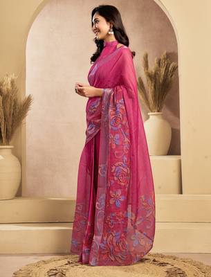rani pink lilen print 1 minute ready to wear saree with unstitched blouse piece 3