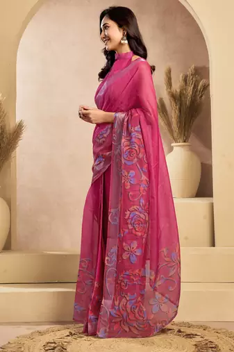 rani pink lilen print 1 minute ready to wear saree with unstitched blouse piece