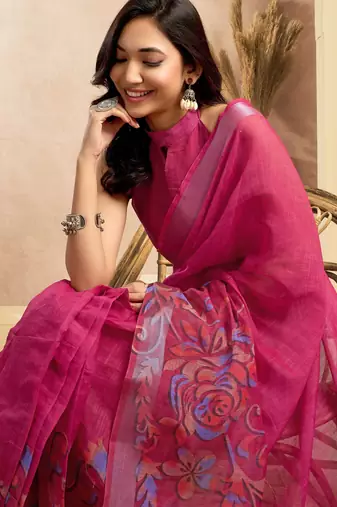 rani pink lilen print 1 minute ready to wear saree with unstitched blouse piece