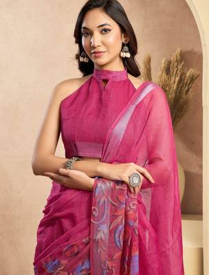 rani pink lilen print 1 minute ready to wear saree with unstitched blouse piece 5