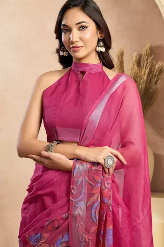 rani pink lilen print 1 minute ready to wear saree with unstitched blouse piece