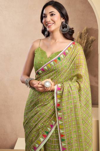 parrot lilen print work designer party wear festive 1 minute ready to wear saree with unstitched blouse piece