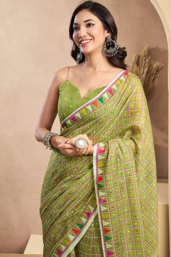 parrot lilen print work designer party wear festive 1 minute ready to wear saree with unstitched blouse piece