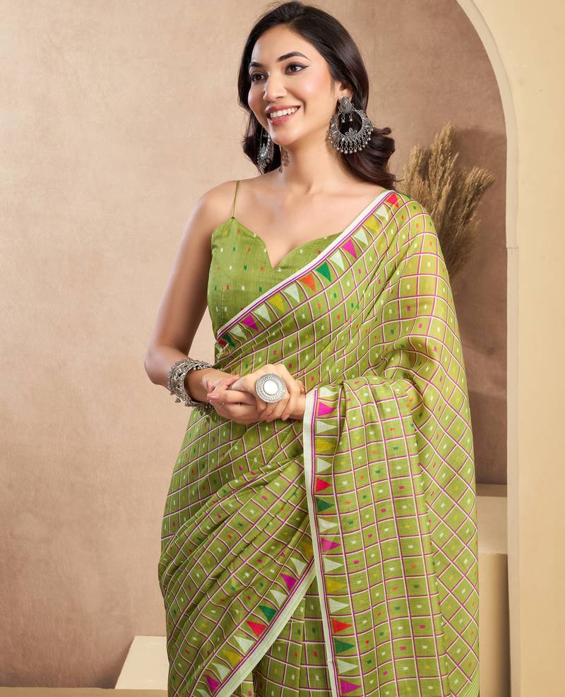 parrot lilen print work designer party wear festive 1 minute ready to wear saree with unstitched blouse piece