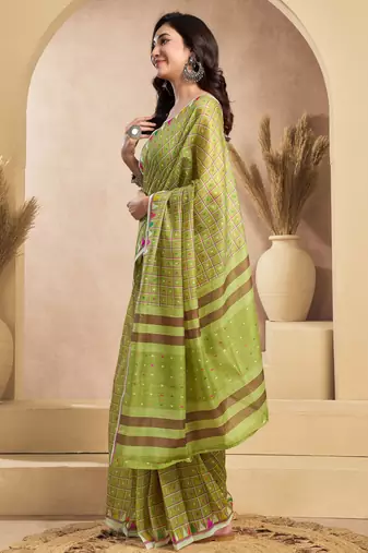 parrot lilen print 1 minute ready to wear saree with unstitched blouse piece