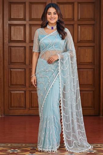  net saree with beads sequence & pearl embroidery work