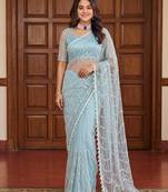  net saree with beads sequence & pearl embroidery work