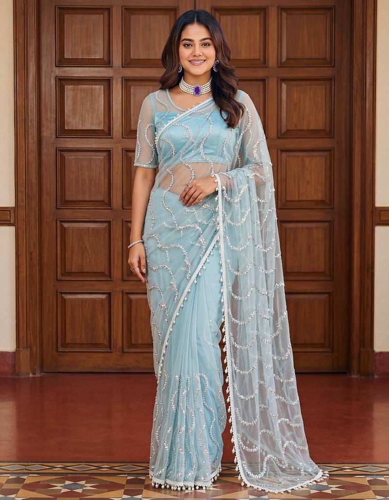  net saree with beads sequence & pearl embroidery work