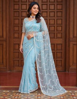  net saree with beads sequence & pearl embroidery work 2