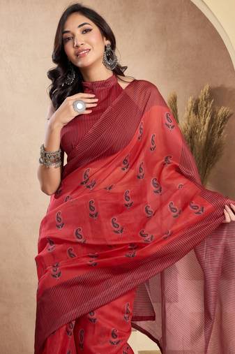 red lilen print work designer party wear festive 1 minute ready to wear saree with unstitched blouse piece
