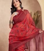 red lilen print 1 minute ready to wear saree with unstitched blouse piece