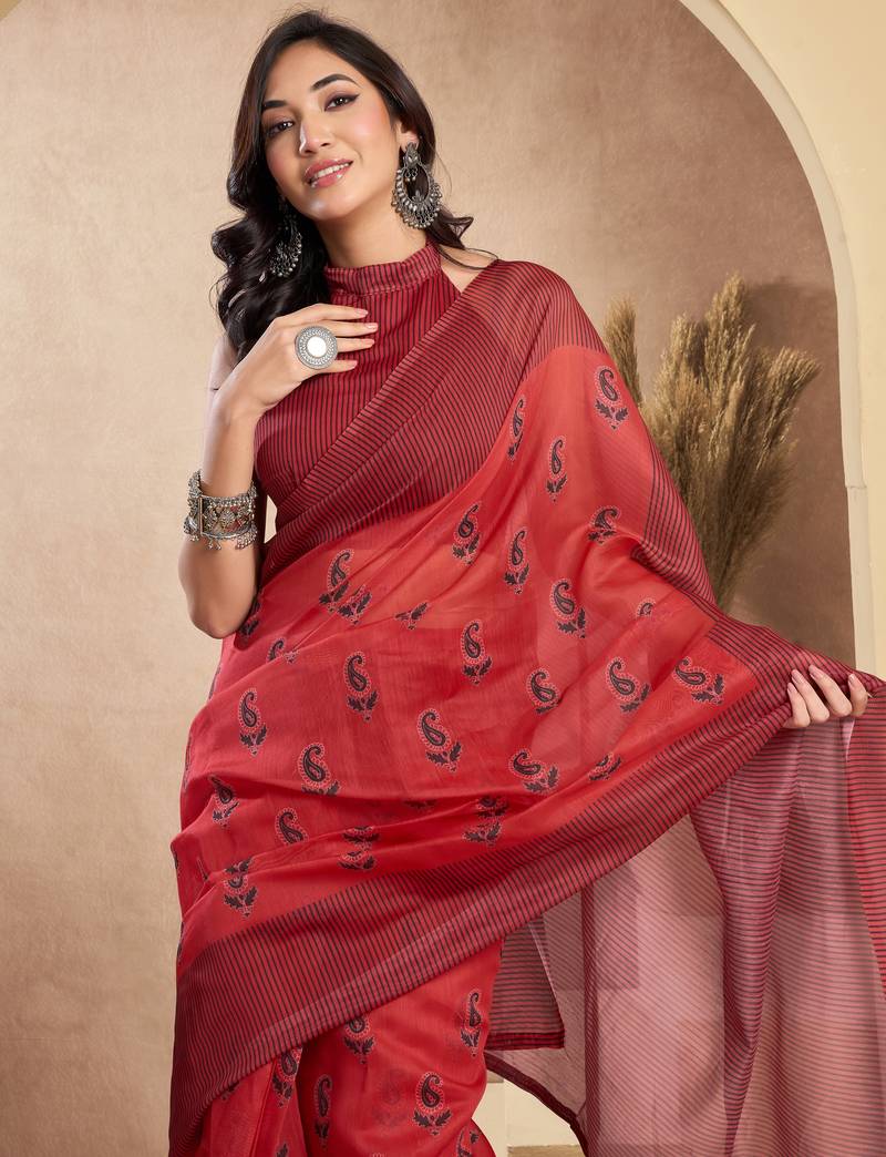 red lilen print work designer party wear festive 1 minute ready to wear saree with unstitched blouse piece