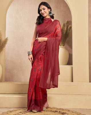 red lilen print 1 minute ready to wear saree with unstitched blouse piece 2