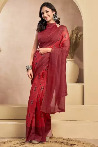red lilen print 1 minute ready to wear saree with unstitched blouse piece