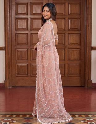  net saree with beads sequence & pearl embroidery work 3