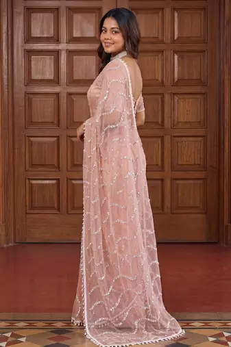  net saree with beads sequence & pearl embroidery work