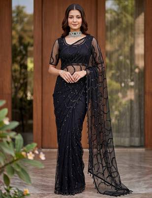  net saree with beads sequence & pearl embroidery work 1
