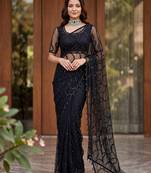  net saree with beads sequence & pearl embroidery work