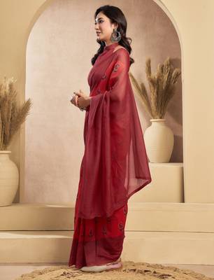 red lilen print 1 minute ready to wear saree with unstitched blouse piece 3