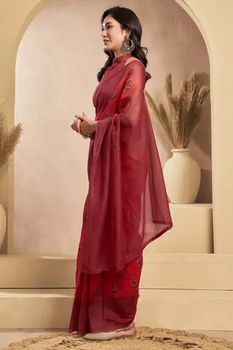 red lilen print 1 minute ready to wear saree with unstitched blouse piece