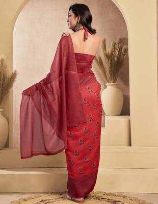 red lilen print 1 minute ready to wear saree with unstitched blouse piece 4