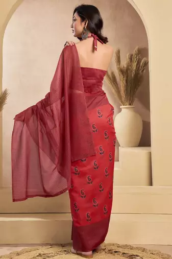 red lilen print 1 minute ready to wear saree with unstitched blouse piece