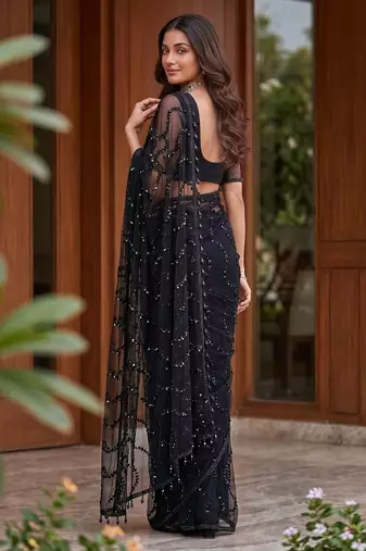  net saree with beads sequence & pearl embroidery work