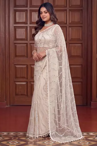  net saree with beads sequence & pearl embroidery work