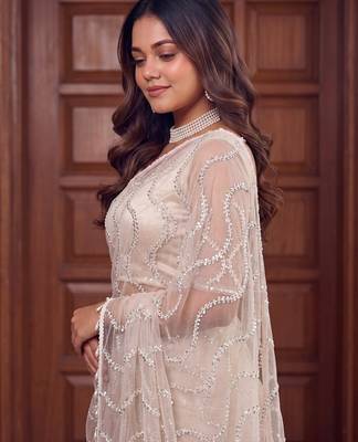  net saree with beads sequence & pearl embroidery work 3