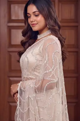  net saree with beads sequence & pearl embroidery work