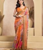 orange lilen print 1 minute ready to wear saree with unstitched blouse piece