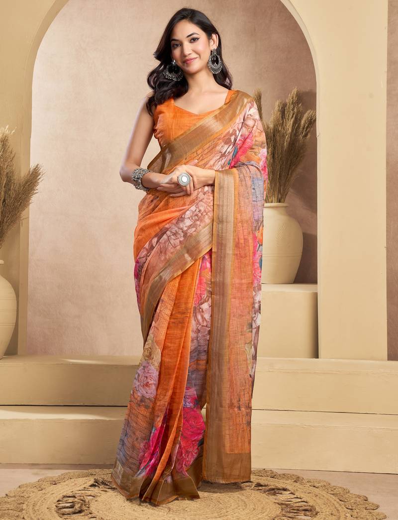 orange lilen print work designer party wear festive 1 minute ready to wear saree with unstitched blouse piece
