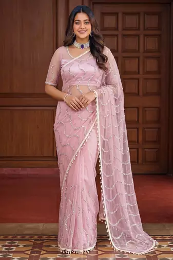  net saree with beads sequence & pearl embroidery work