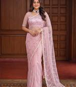  net saree with beads sequence & pearl embroidery work