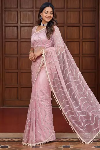  net saree with beads sequence & pearl embroidery work