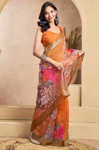 orange lilen print 1 minute ready to wear saree with unstitched blouse piece