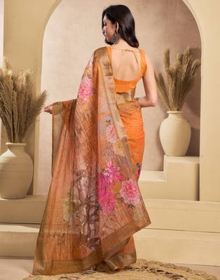 orange lilen print 1 minute ready to wear saree with unstitched blouse piece 4