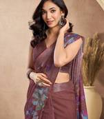 brown lilen print 1 minute ready to wear saree with unstitched blouse piece