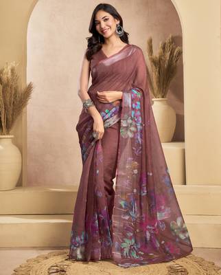 brown lilen print 1 minute ready to wear saree with unstitched blouse piece 2