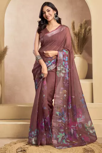 brown lilen print 1 minute ready to wear saree with unstitched blouse piece