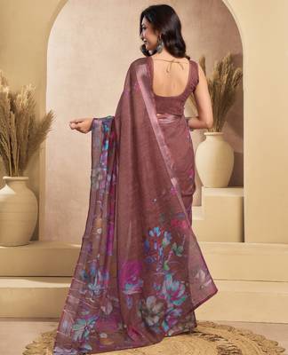 brown lilen print 1 minute ready to wear saree with unstitched blouse piece 3