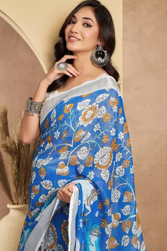 blue lilen print work designer party wear festive 1 minute ready to wear saree with unstitched blouse piece