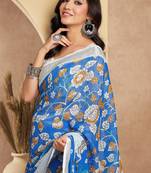 blue lilen print 1 minute ready to wear saree with unstitched blouse piece