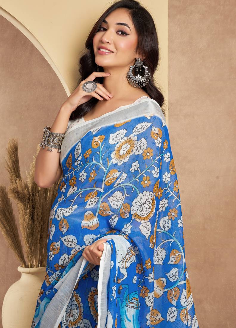 blue lilen print work designer party wear festive 1 minute ready to wear saree with unstitched blouse piece